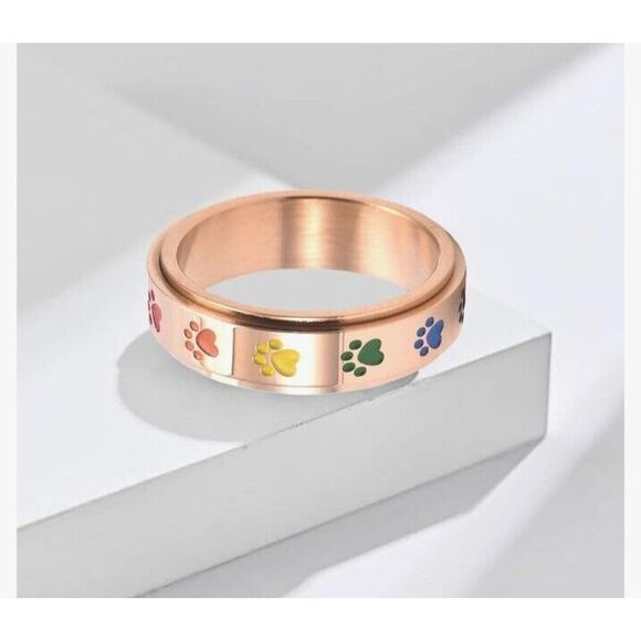 Size 11 Paw Print Spin Ring Rose Gold Stainless Steal Stress Relief Pet Gifts - Picture 2 of 3